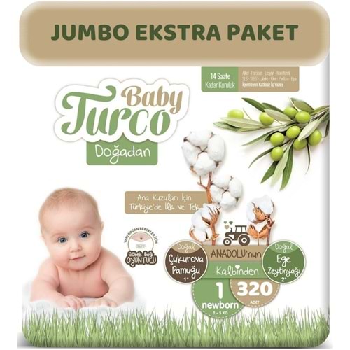 Baby Turco Bebek Bezi Doğadan Beden:1 (2-5Kg) Yeni Doğan 320 Adet Jumbo Ekstra Pk