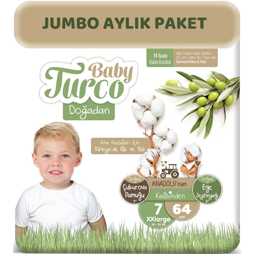 Baby Turco Bebek Bezi Doğadan Beden:7 (20-30Kg) XXLarge 64 Adet Jumbo Aylık Pk