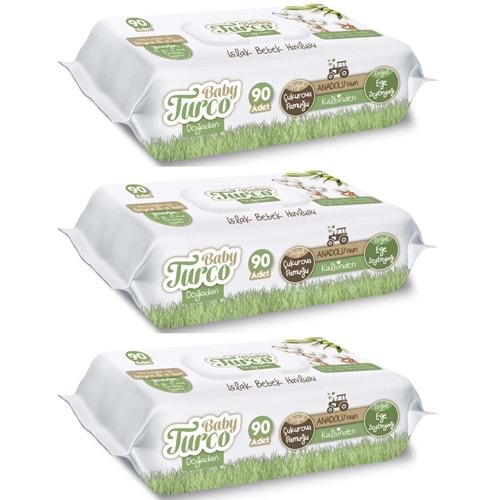 Baby Turco Islak Havlu Mendil Yenidoğan 90 Yaprak Doğadan 3 Lü Set 270 Yaprak Plastik Kapaklı