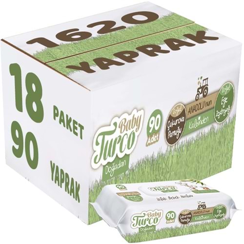Baby Turco Islak Havlu Mendil Yenidoğan 90 Yaprak Doğadan 18 Li Set 1620 Yaprak Plastik Kapaklı