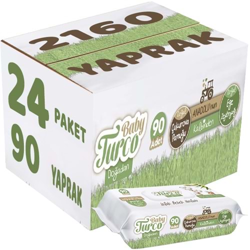 Baby Turco Islak Havlu Mendil Yenidoğan 90 Yaprak Doğadan 24 Lü Set 2160 Yaprak Plastik Kapaklı