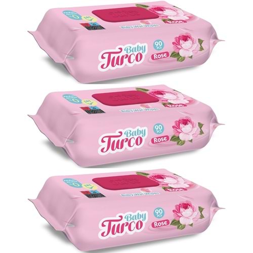 Baby Turco Islak Havlu Mendil 90 Yaprak Gül/Rose 3 Lü Set 270 Yaprak Plastik Kapaklı