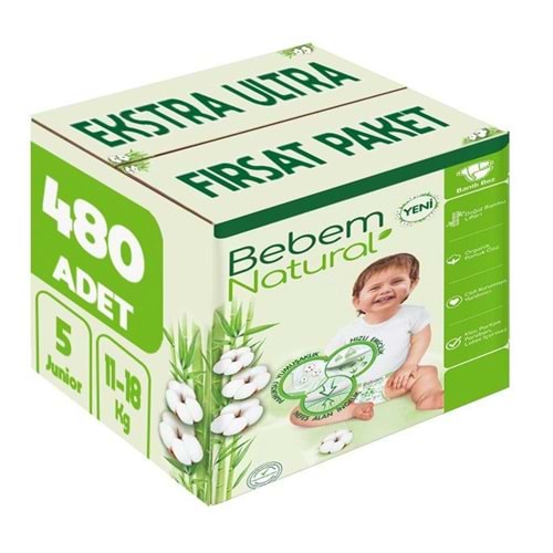 Bebem Bebek Bezi Natural Beden:5 (11-18Kg) Junior 480 Adet Ekstra Ultra Fırsat Pk
