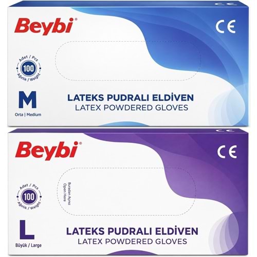 Beybi Lateks Pudralı Muayene Eldiveni M - Medium - Orta / L - Large - Büyük Karma 200 Lü Set