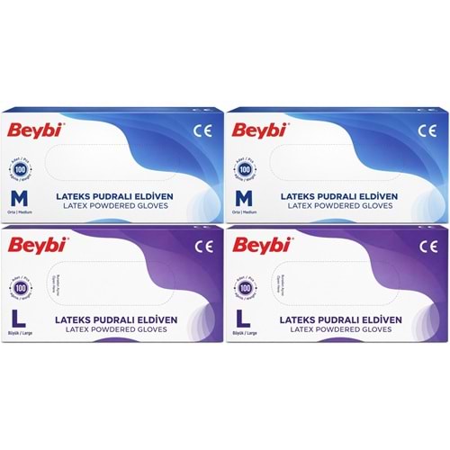Beybi Lateks Pudralı Muayene Eldiveni M - Medium - Orta / L - Large - Büyük Karma 400 Lü Set