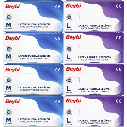Beybi Lateks Pudralı Muayene Eldiveni M - Medium - Orta / L - Large - Büyük Karma 800 Lü Set