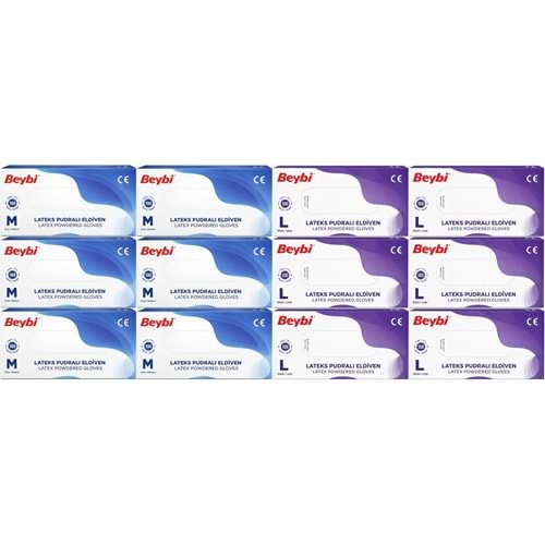 Beybi Lateks Pudralı Muayene Eldiveni M - Medium - Orta / L - Large - Büyük Karma 1200 Lü Set