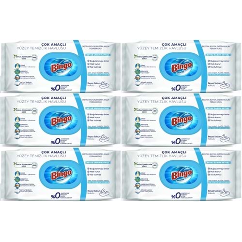 Bingo Clean Yüzey Temizlik Havlusu 96 Yaprak Beyaz Sabun Plastik Kapaklı (6 Lı Set) 576 Yaprak