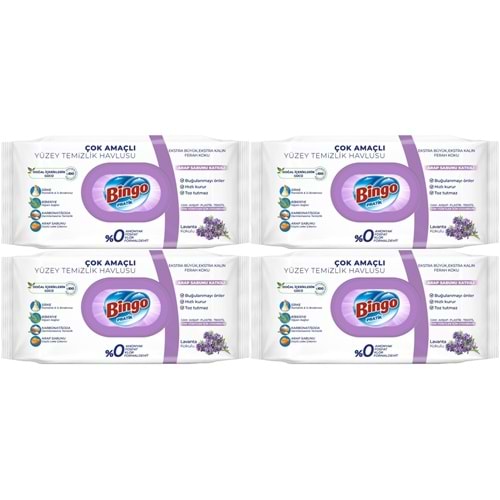 Bingo Clean Yüzey Temizlik Havlusu 96 Yaprak Lavanta Kokulu Plastik Kapaklı (4 Lü Set) 384 Yaprak