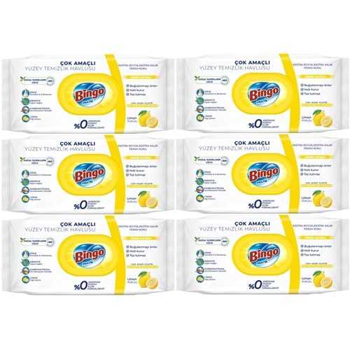 Bingo Clean Yüzey Temizlik Havlusu 96 Yaprak Limon Kokulu Plastik Kapaklı (6 Lı Set) 576 Yaprak