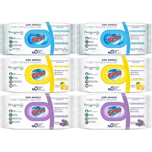 Bingo Clean Yüzey Temizlik Havlusu (Karma 6 Lı Set) (Beyaz Sabun/Limon Kokulu/Lavanta Kokulu)