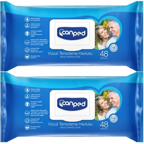 Canped Hasta Vücut Perine Temizleme Islak Mendil Havlu 48 Yaprak XL (2 Li Set) Plastik Kapaklı