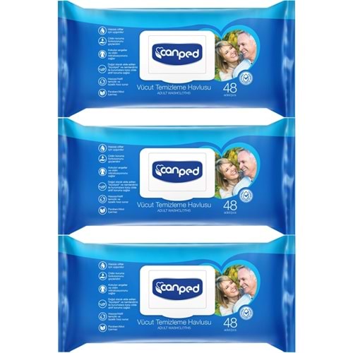 Canped Hasta Vücut Perine Temizleme Islak Mendil Havlu 48 Yaprak XL (3 Lü Set) Plastik Kapaklı