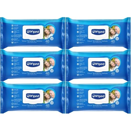 Canped Hasta Vücut Perine Temizleme Islak Mendil Havlu 48 Yaprak XL (6 Lı Set) Plastik Kapaklı