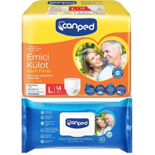Canped Emici Külot Pants Hasta Yetişkin Bezi L - Büyük - Large 14 Adet - Temizleme Havlusu (2Li Set)