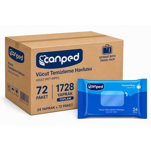 Canped Yetişkin Vücut Temizleme Islak Mendil Havlu 24 Yaprak Seyahat Boy 72 Li Set (1728 Yaprak)