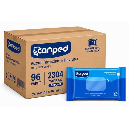 Canped Yetişkin Vücut Temizleme Islak Mendil Havlu 24 Yaprak Seyahat Boy 96 Lı Set (2304 Yaprak)