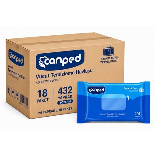 Canped Yetişkin Vücut Temizleme Islak Mendil Havlu 24 Yaprak Seyahat Boy 18 Li Set (432 Yaprak)