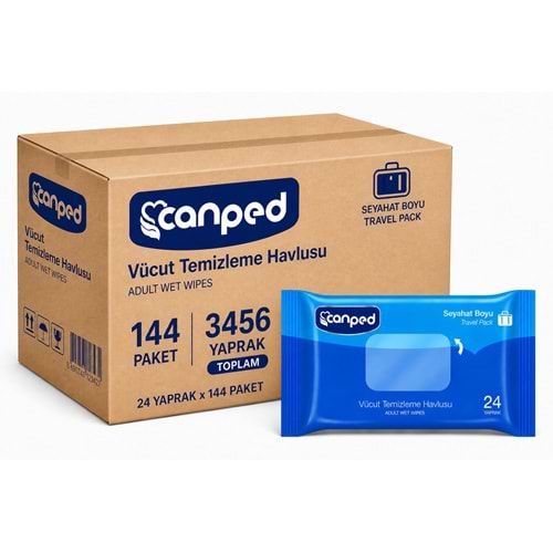 Canped Yetişkin Vücut Temizleme Islak Mendil Havlu 24 Yaprak Seyahat Boy 144 Lü Set (3456 Yaprak)