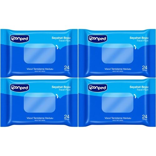 Canped Yetişkin Vücut Temizleme Islak Mendil Havlu 24 Yaprak Seyahat Boy 4 Lü Set (96 Yaprak)