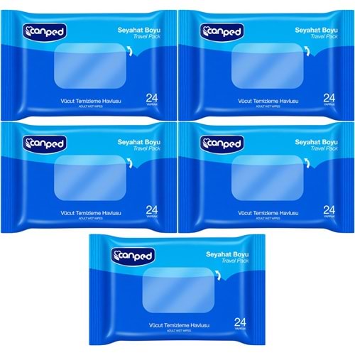 Canped Yetişkin Vücut Temizleme Islak Mendil Havlu 24 Yaprak Seyahat Boy 5 Li Set (120 Yaprak)