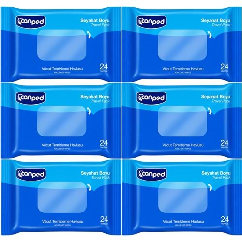 Canped Yetişkin Vücut Temizleme Islak Mendil Havlu 24 Yaprak Seyahat Boy 6 Lı Set (144 Yaprak)