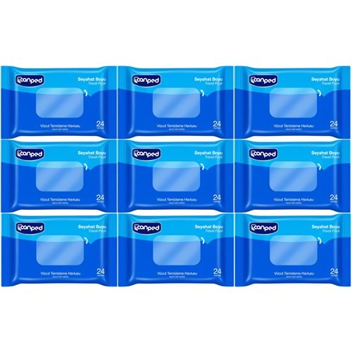 Canped Yetişkin Vücut Temizleme Islak Mendil Havlu 24 Yaprak Seyahat Boy 9 Lı Set (216 Yaprak)