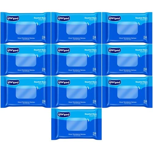 Canped Yetişkin Vücut Temizleme Islak Mendil Havlu 24 Yaprak Seyahat Boy 10 Lu Set (240 Yaprak)