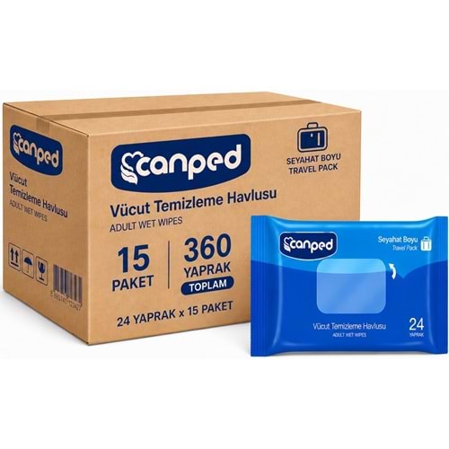 Canped Yetişkin Vücut Temizleme Islak Mendil Havlu 24 Yaprak Seyahat Boy 15 Li Set (360 Yaprak)