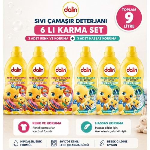 Dalin Sıvı Çamaşır Deterjanı 1500 ML 6 Lı Karma Set – Renk ve Koruma + Hassas Koruma Toplam 9 Litre