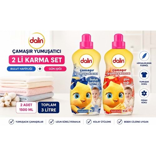 Dalin Çamaşır Yumuşatıcı 1500 ML 2 Li Karma Set – Bulut Hafifliği + Gün Işığı 3 Litre Hipoalerjenik