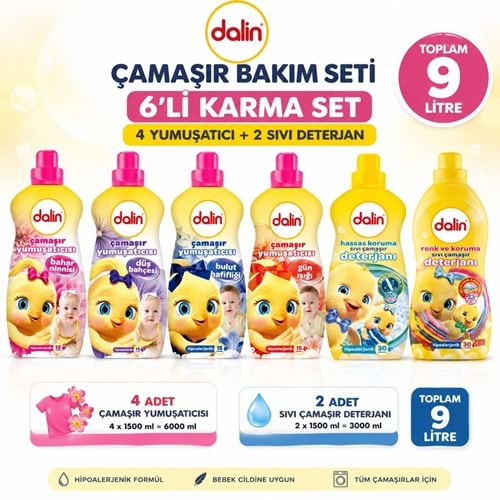 Dalin Çamaşır Yumuşatıcı ve Sıvı Çamaşır Deterjanı 1500 ML 6 Lı Karma Set – 9 Litre