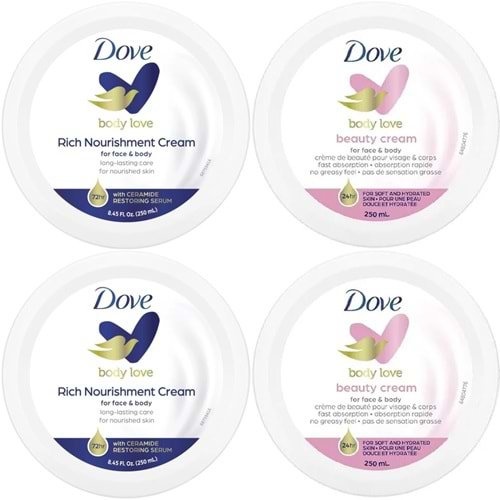 Dove Besleyici El ve Vücut Bakım Kremi 250ML (Rich Nourishment Cream+ Beauty Cream) Karma (4 Lü Set)