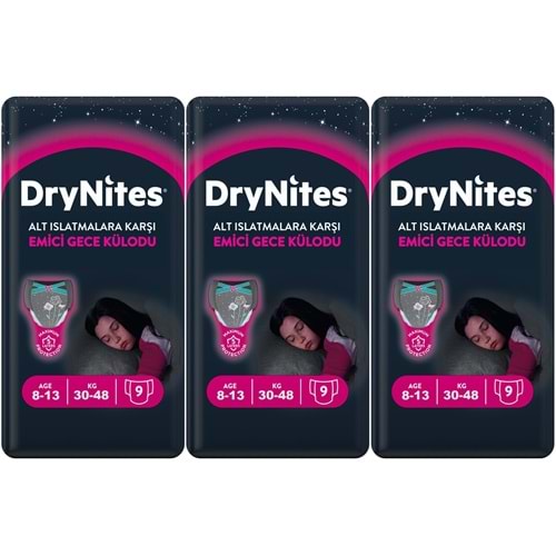 Drynites Emici Gece Külodu/Külot Bez Kız 8-13 Yaş 30-48KG Large 27 Adet 3PK*9 Alt Islatmalara Karşı