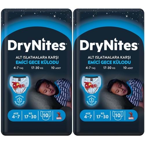 Drynites Emici Gece Külodu/Külot Bez Erkek 4-7 Yaş 17-30KG Small 20Adet 2PK*10 Alt Islatmalara Karşı