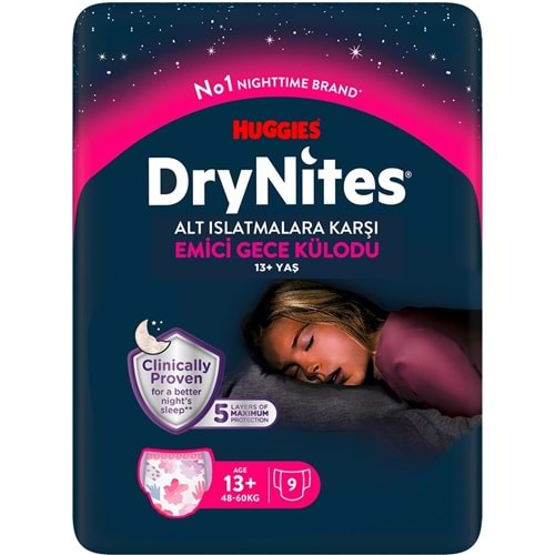 Drynites Emici Gece Külodu/Külot Bez Kız 13+ Yaş (48-60KG) X Large 45 Adet (5PK*9)