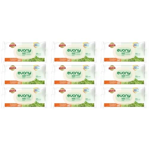 Evony Hijyenik Temizlik Islak Havlu Mendil 50 Yaprak Plastik Kapaklı (9 Lu Set) 450 Yaprak