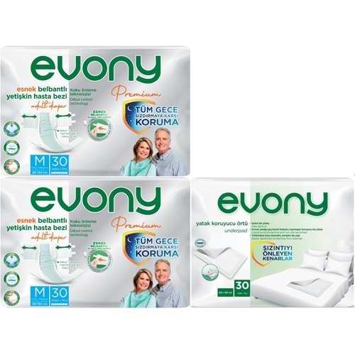 Evony Premium Hasta Bezi Yetişkin Bel Bantlı Tekstil Yüzey Orta 60 Adet+ Yatak Koruyucu Örtü 30 Adet