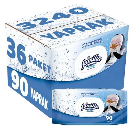 Familia Islak Havlu Mendil Mineralin İyiliği 90 Yaprak Plastik Kapaklı 36 Lı Set 3240 Yaprak