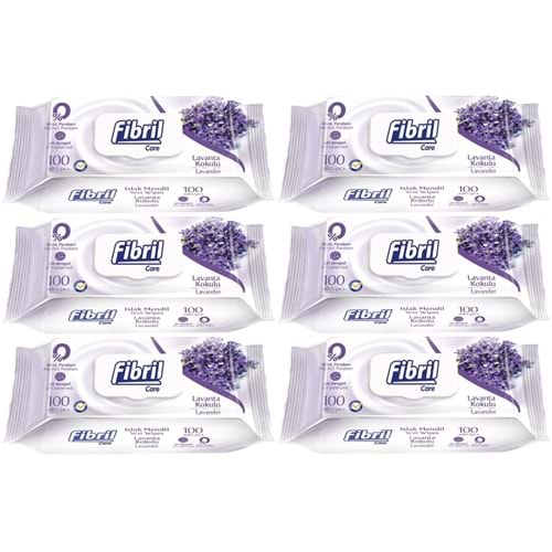 Fibril Islak Havlu Mendil 100 Yaprak Lavanta Plastik Kapaklı (6 Lı Set) 600 Yaprak