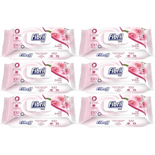 Fibril Islak Havlu Mendil 100 Yaprak Gül Plastik Kapaklı (6 Lı Set) 600 Yaprak
