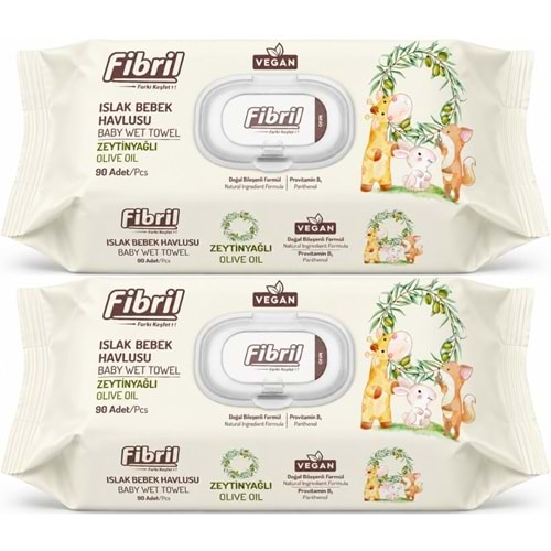 Fibril Islak Havlu Bebek Mendil 90 Yaprak Zeytinyağlı Plastik Kapaklı (2 Li Set) 180 Yaprak
