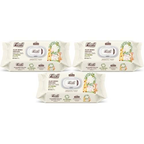 Fibril Islak Havlu Bebek Mendil 90 Yaprak Zeytinyağlı Plastik Kapaklı (3 Lü Set) 270 Yaprak