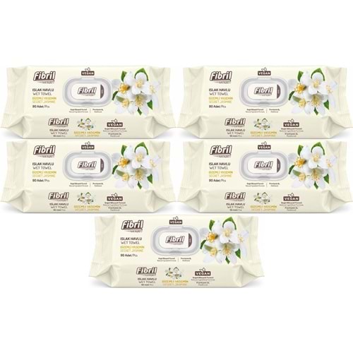 Fibril Islak Havlu Mendil 90 Yaprak Gizemli Yasemin Plastik Kapaklı (5 Li Set) 450 Yaprak