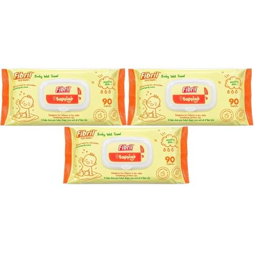 Fibril Islak Havlu Mendil 90 Yaprak Bebek Plastik Kapaklı (3 Lü Set) 270 Yaprak
