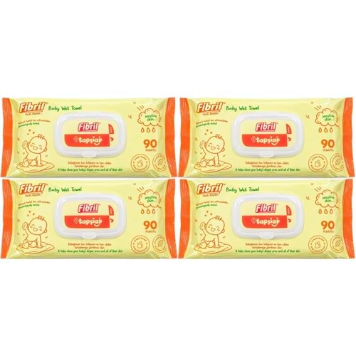 Fibril Islak Havlu Mendil 90 Yaprak Bebek Plastik Kapaklı (4 Lü Set) 360 Yaprak