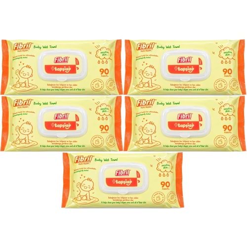 Fibril Islak Havlu Mendil 90 Yaprak Bebek Plastik Kapaklı (5 Li Set) 450 Yaprak
