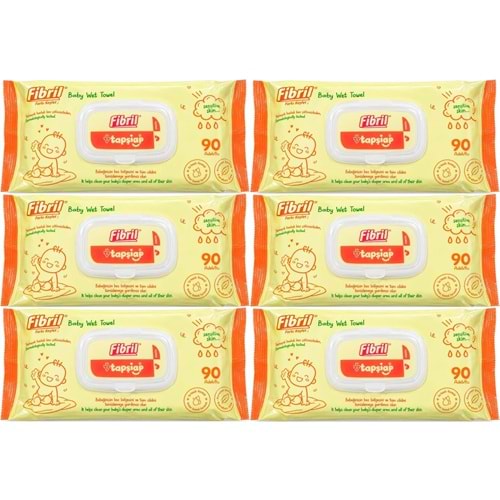 Fibril Islak Havlu Mendil 90 Yaprak Bebek Plastik Kapaklı (6 Lı Set) 540 Yaprak