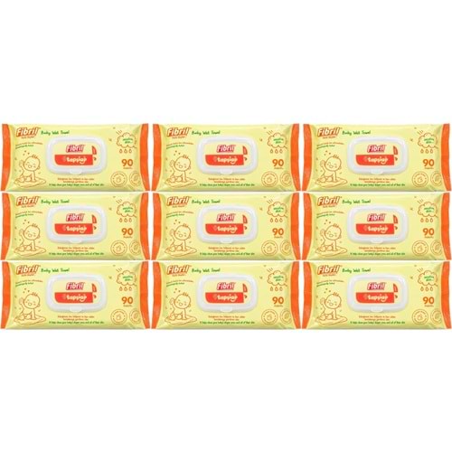 Fibril Islak Havlu Mendil 90 Yaprak Bebek Plastik Kapaklı (9 Lu Set) 810 Yaprak