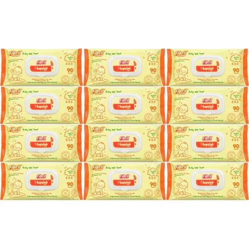 Fibril Islak Havlu Mendil 90 Yaprak Bebek Plastik Kapaklı (12 Li Set) 1080 Yaprak